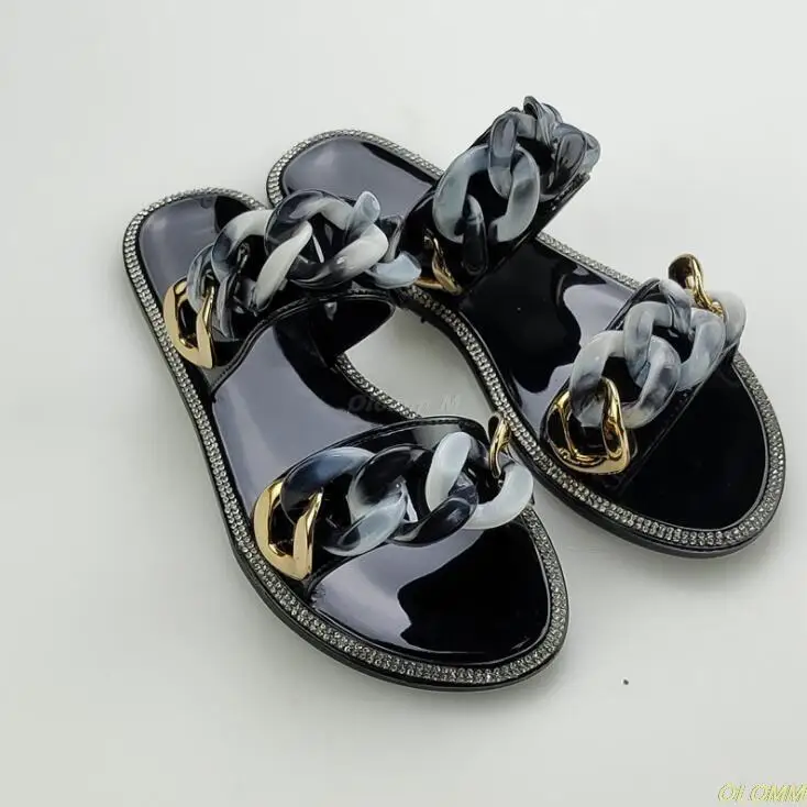 

2021 Hot women outdoor all-match beach slippers jelly diamond sequin chain flat crystal slippers home casual ladies slippers