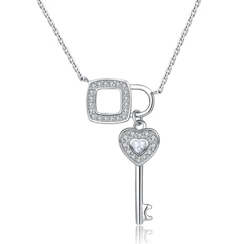 

XiaoJing 925 Sterling Silver Romantic White CZ Key of Lock Chain Pendant Necklace for Women fashion Jewelry Party Gift Wholesale