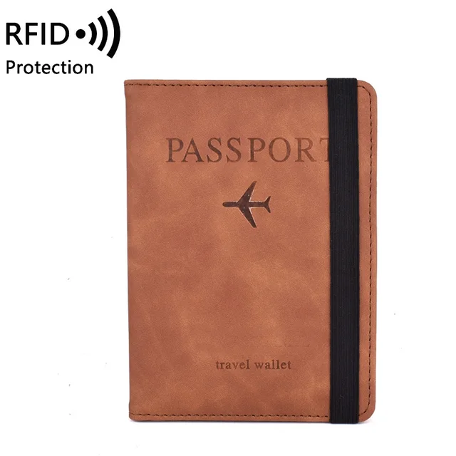 Elastic Band Leather Passport Cover RFID Blocking For Cards Travel Passport Holder Wallet Document Organizer Case Men Women brown