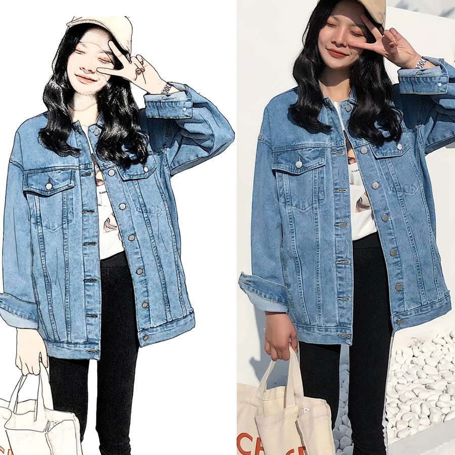 Very best  Solid Turn-Down Collar Denim Jackets Women Casual Loose Blue Jean Coats Jacket Female Long Sleeve S