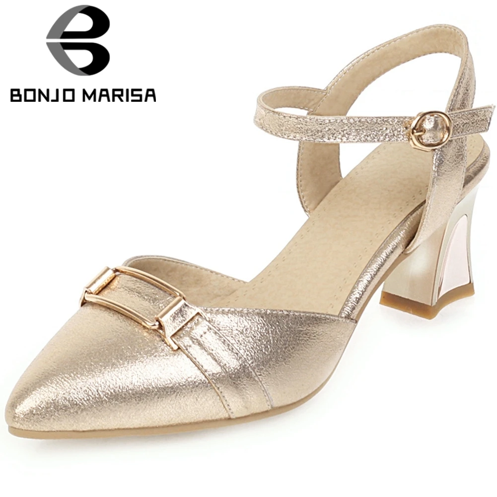 

BONJOMARISA Fashion Lady Party Sandals Summer Pointed Toe Metal Decoration Golden Sandals Women Buckle Strap Dance Shoes Woman