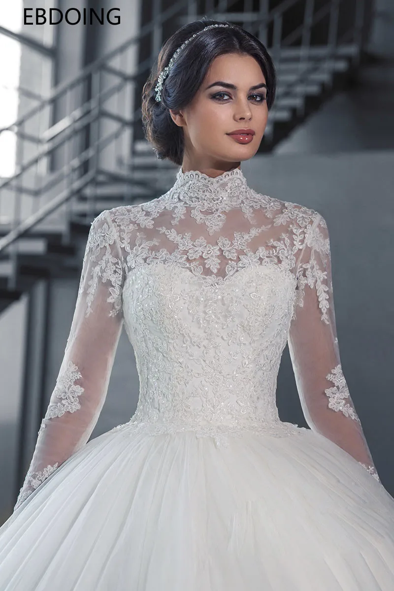Роскошное бальное платье свадебное платье кружевное с высоким вырезом Vestidos De Novia полный рукав новейшего размера плюс свадебное платье невесты
