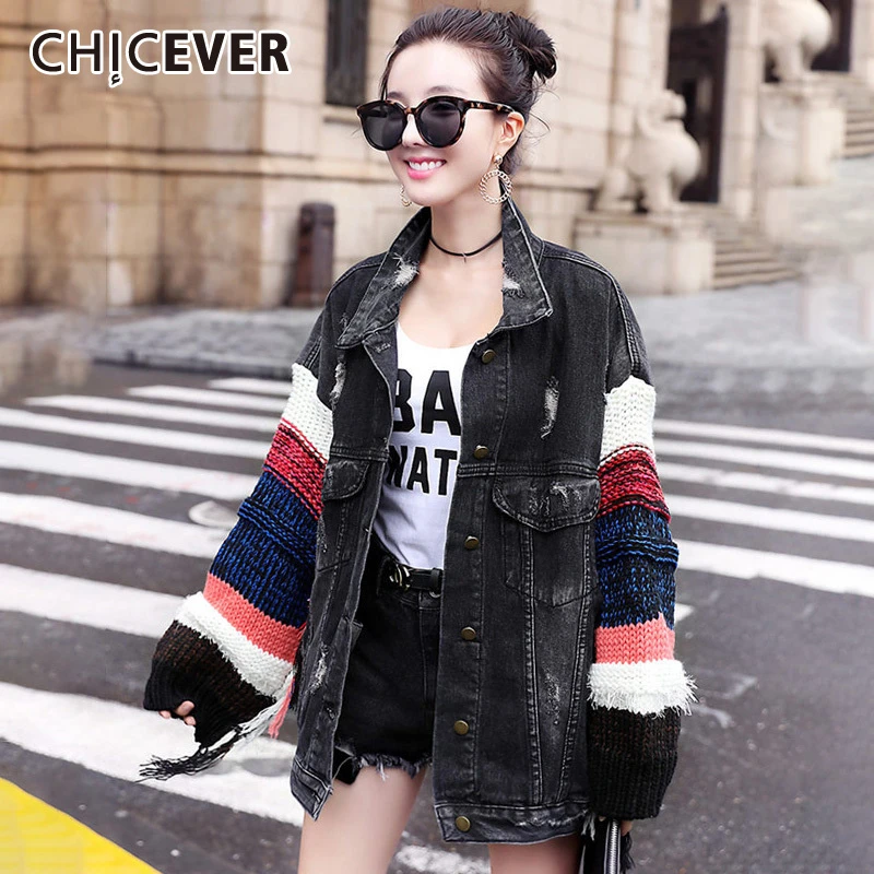 

CHICEVER Patchwork Tassel Denim Jacket For Women Lapel Knitting Long Sleeve Hit Color Female Jackets Autumn Casual Clothing 2019
