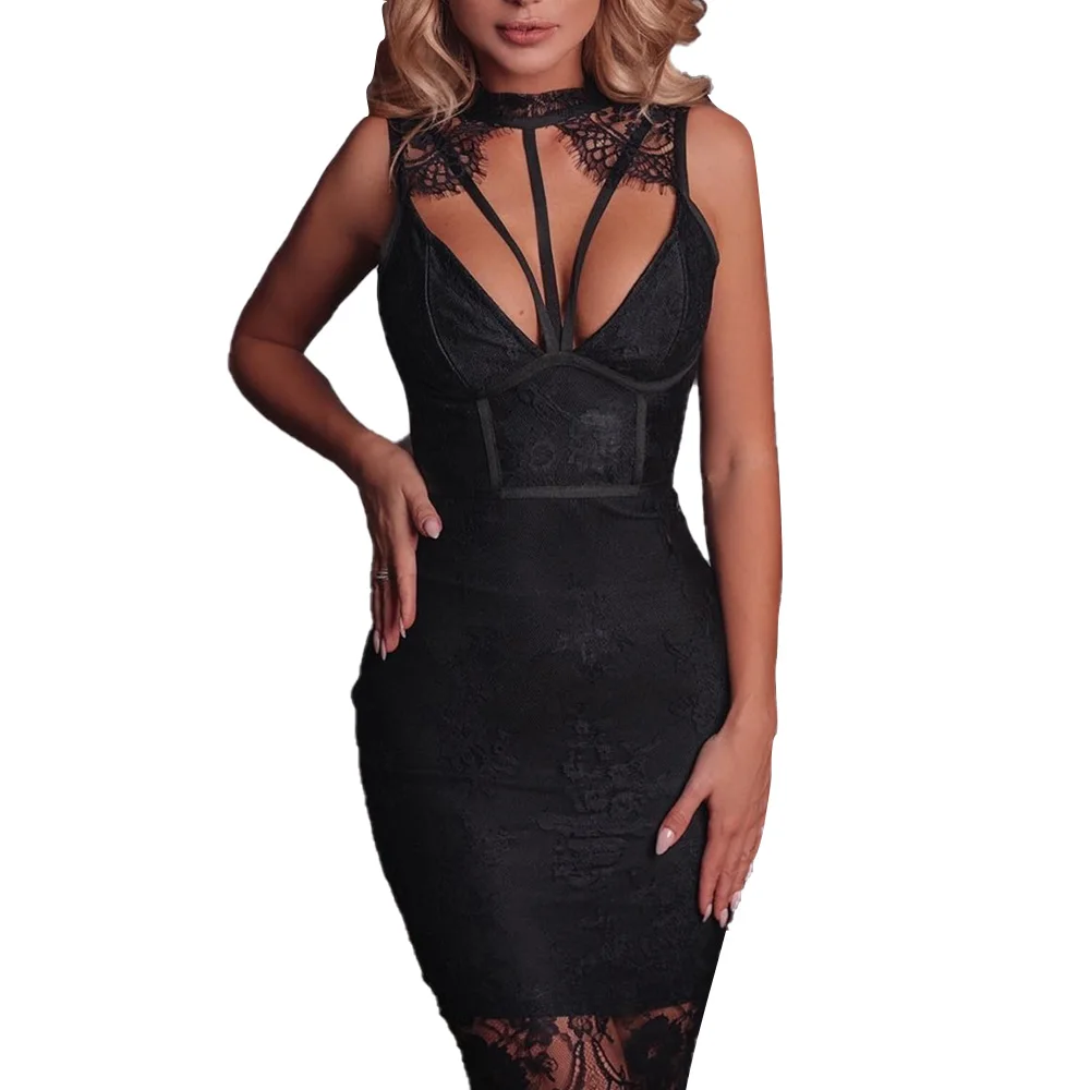 Летнее черное кружевное платье для женщин, сексуальное, с бретельками, с вырезами, без рукавов, платья для вечеринок, Feminino, Дамское облегающее платье, Vestidos D30