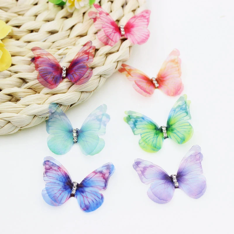 

50Pcs Gradient Color Organza Fabric Butterfly Appliques 38Mm Translucent Chiffon Butterfly for Party Decor, Doll Embellishment