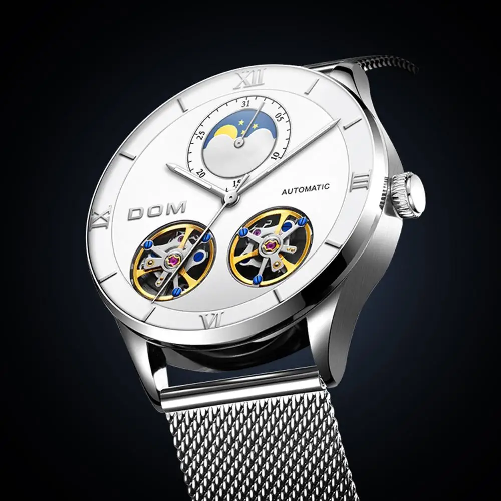 DOM Скелет турбийон механические часы для мужчин автоматическое классическое серебряное белое Сталь Механические наручные часы Reloj Hombre M-1270D-7M