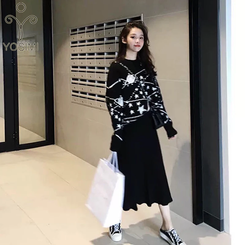 

YOSIMI Women Two Piece Outfits Skirt Set 2019 Autumn Winter Loose Full Sleeve O-Neck Pullover Sweater and Knitting Skirt Elastic