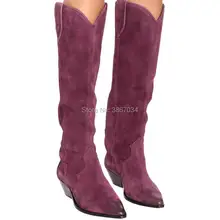 SHOOEGLE/мотоциклетные сапоги до колена; женские замшевые ковбойские сапоги; высокие сапоги с острым носком на каблуке; обувь в западном стиле; сезон осень-зима