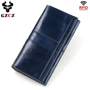 

100% Genuine Leather Women Clutch Wallet Female Coin Purse Portomonee Clamp For Phone Bag Card Holder Handy Passport Holder Blue
