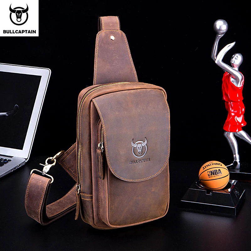 BULLCAPTAIN Men's Crossbody Bags Crazy Horse Leather Chest Bag's Leather Crossbody Bages Retro Men's Zip Pocket Short Travel Bag