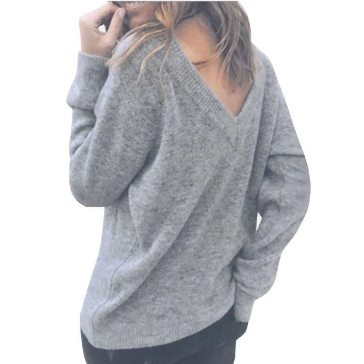 

Fashion solid color V neck halter long-sleeved knit bottoming shirt spring and autumn loose pullover sweater sweater women S-XL