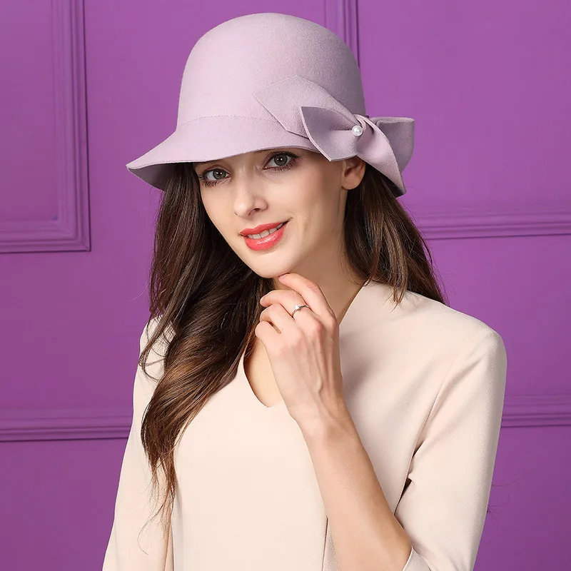 Элегантная официальная Женская шерстяная шляпа, теплая фетровая зимняя фетровая шляпа с жемчугом и бантом, шляпа-котелок, женские вечерние Свадебные шляпы в стиле Дерби