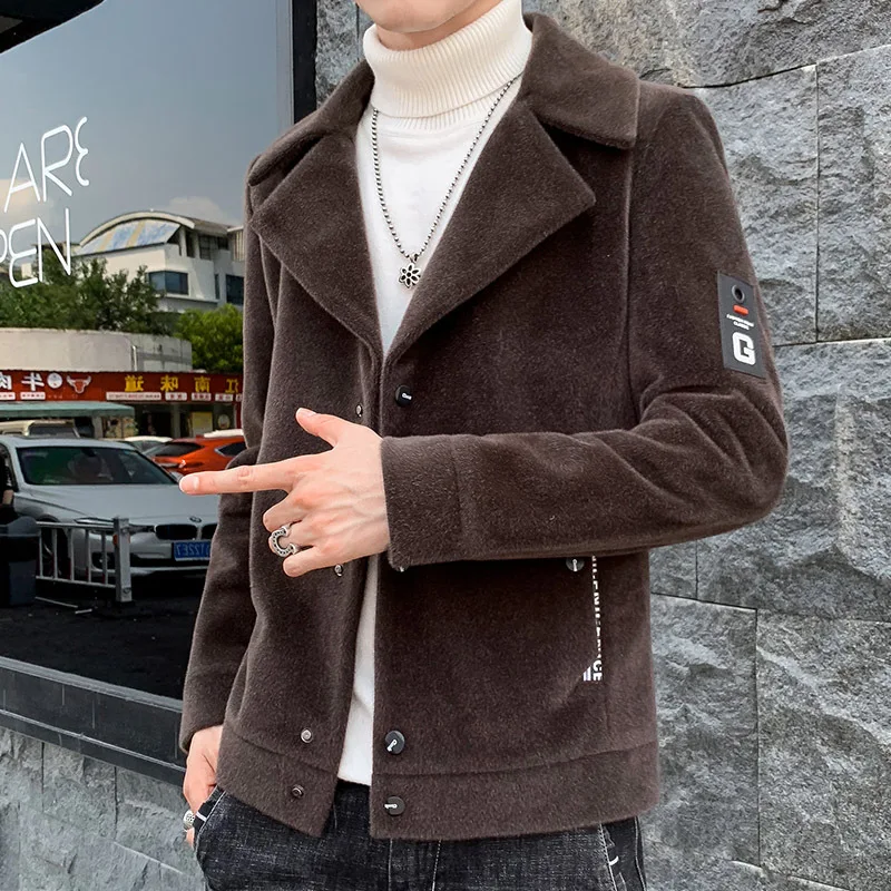 

2019 Autumn And Winter New Style MEN'S Duster Short Trend Fashion Handsome Fold-down Collar Plush Woolen Casual Jacket