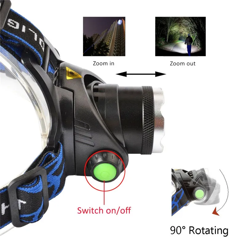 XML-L2 XM-L T6 светодиодный налобный фонарь с зумом, налобный фонарь без рук, Головной фонарь, налобный фонарь с аккумулятором 18650 для пеших прогулок