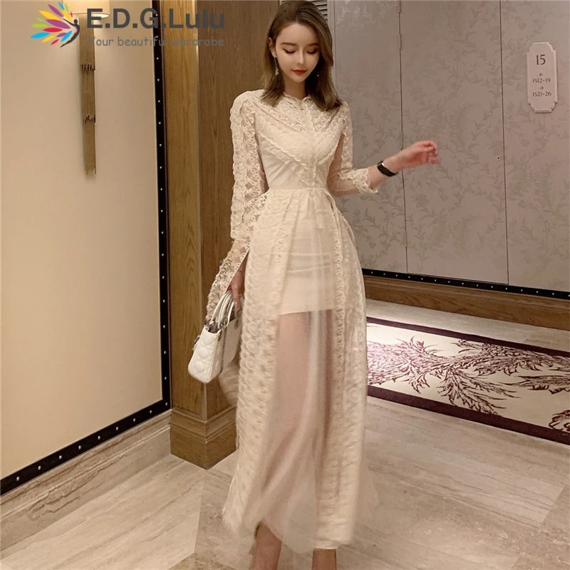 EDGLuLu, белое кружевное платье, высокое качество, длинный рукав, тюль, шифон, в горошек, Прозрачное платье, винтажные элегантные платья, женские вечерние платья