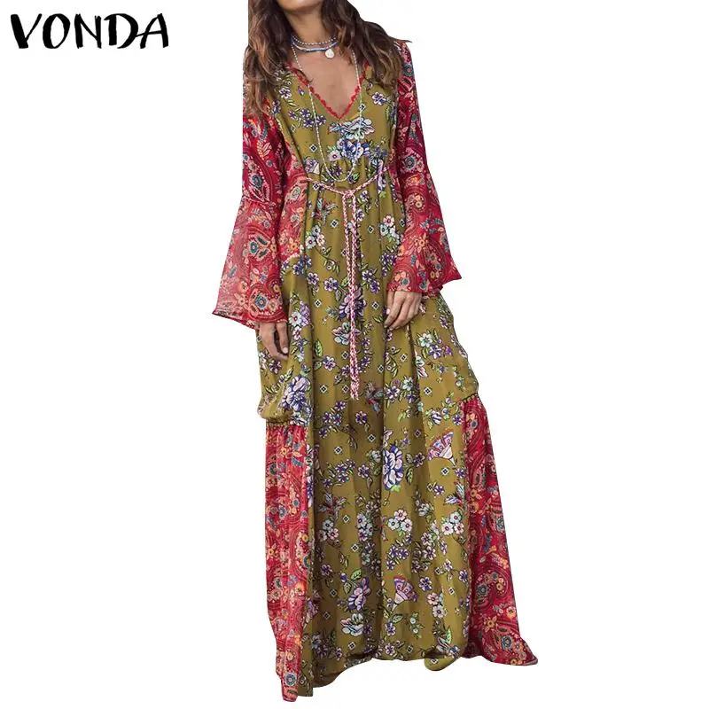 VONDA Plus Size Women Bohemian Maxi Dress Casual Sexy V Neck High Waist Long Sleeve Bohemian Holiday Long Party Vestido 5XL