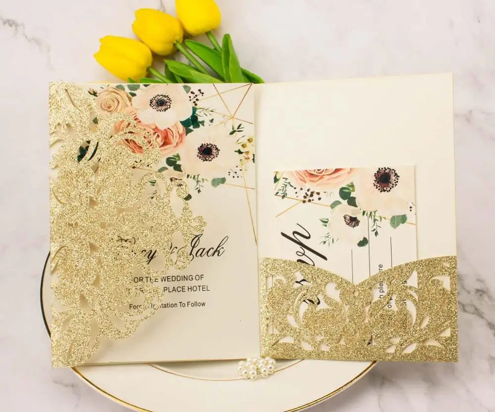 Tarjetas de invitación de boda de 3 pliegues, sobres de invitación cortados  con láser, blanco, azul marino, champán, oro rosa, purpurina, 3 pliegues -  AliExpress, image size:1000x833