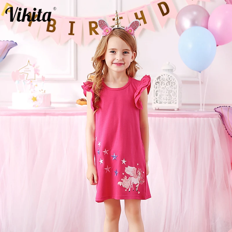 

VIKITA Girls Flare Sleeve Dress Unicorn Cartoon Dress for Girls Embroidery Cotton Summer Dresses Kids School Casual Wear Dresses