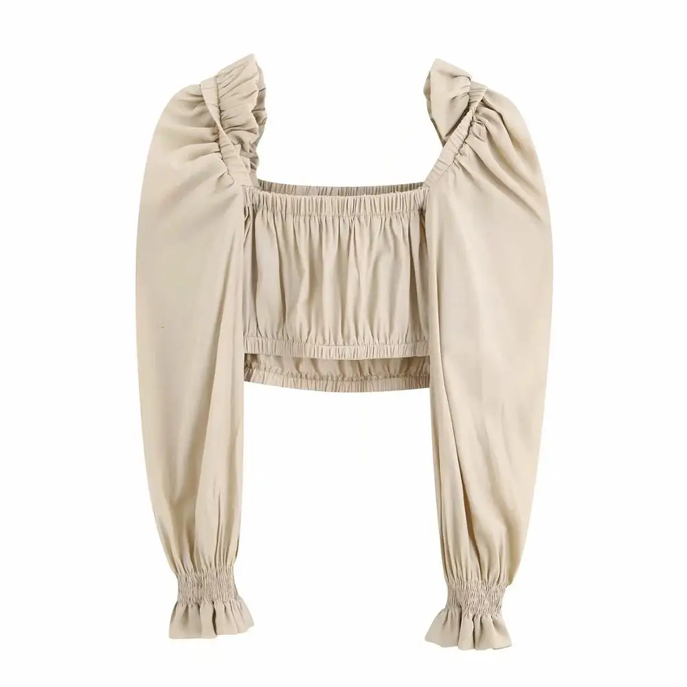 

women stylish khaki blouse ruffles square collar long puff sleeve shirt female elegant solid crop tops blusas