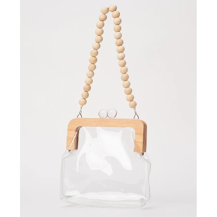 

Fashion Transparent Wooden Clip Women's Shoulder Bags Designer Beaded Strap Handbags Clear Pvc Shell Jelly Bag Summer Purse 2019
