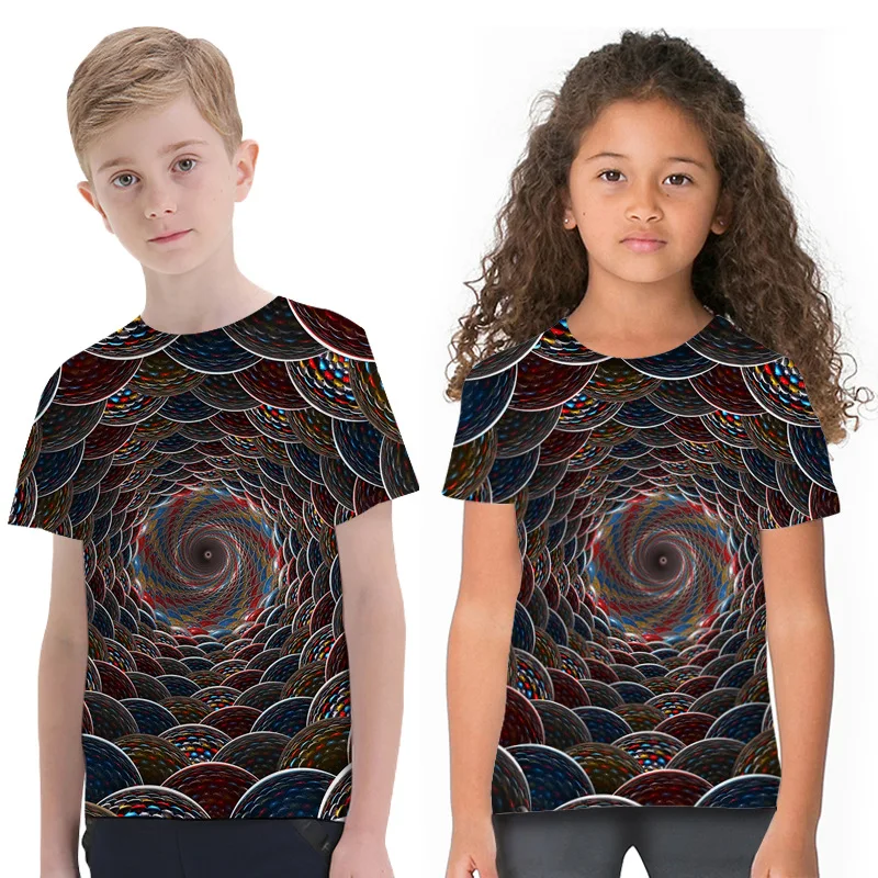 

Spring Summer New Fashion T-shirts Boys Short Sleeve Swirl 3D Digital Printing Tops Girls Crew Neck Sport Shirt for 2-11Y