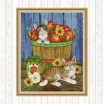 

Cats and Fruits Cross Stitch Kits Embroidery Kit DIY Needlework Sets DMC 14ct 11ct Counted Aida Fabric Printed Canvas Home Decor