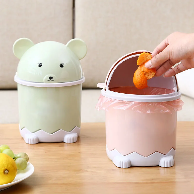 

Desktop Mini Flip Trash Can Living Room Countertop Plastic Small Paper Basket Cute Cartoon Coffee Table Trash Can Debris Bucket