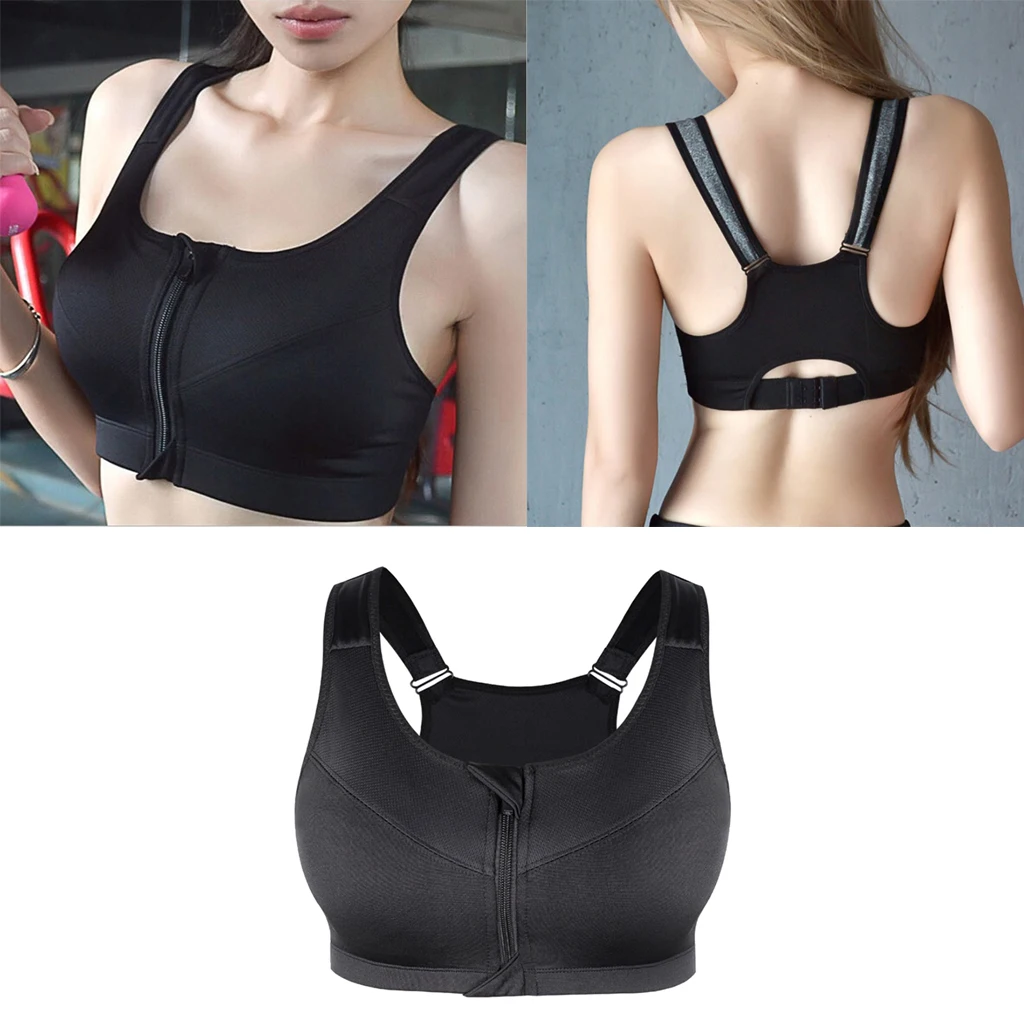 Womens Front Zip Sport Bra High Impact Support Workout Yoga Shock Absorber Adjustable Straps Push Up Bra Seamless Fitness