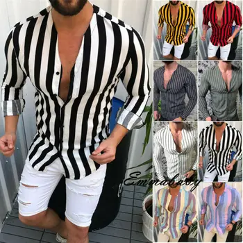 

2019 New Men Striped Shirts Streetwear Men Casual Shirts V-Neck Slim Fit Men Male Long Sleeve Blouse Shirts Men Clothing Tops