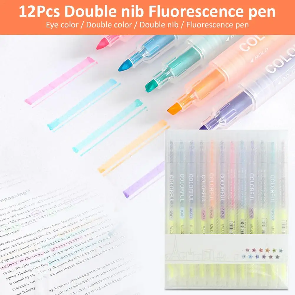

2019 Newest 12PCS Two-color Double-head Highlighter Office School Supplies With Eyeshield For Fluorescent Mark School Supplies