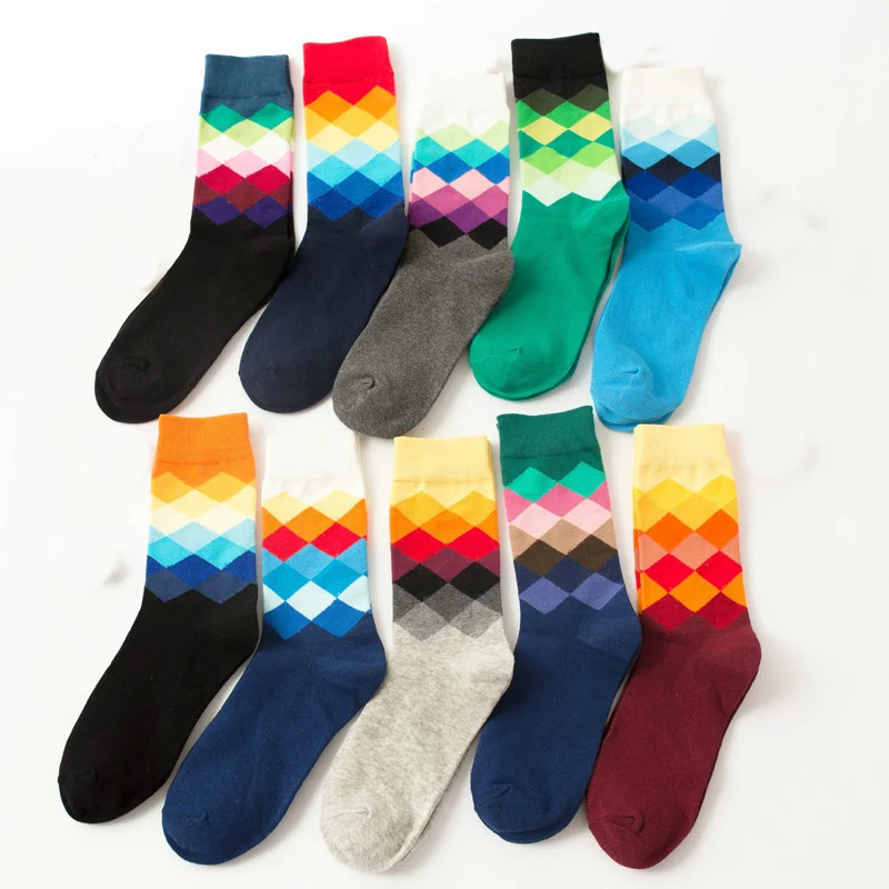

NEW harajuku Colorful diamond solid color men cotton socks British style crew winter funny gifts for mens off white casual socks