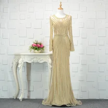 Длинные рукава Вечерние платья цвета шампанского жемчужина шеи Sheer молния сзади Русалка Выпускные вечерние платья бисером официальная одежда ZD1054