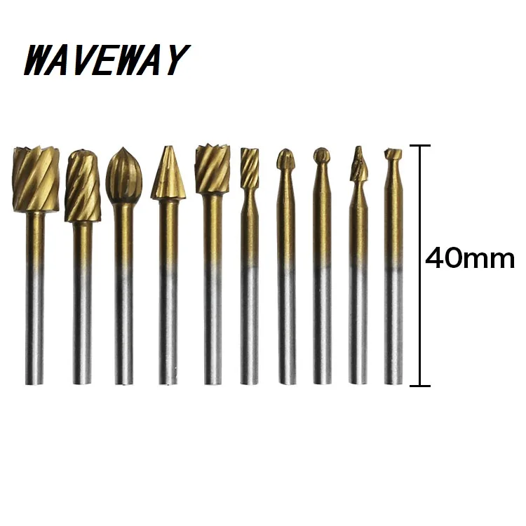 

WAVEWAY 10pcs Set HSS Titanium Routing Rotary Milling Rotary File Cutter Wood Carving Carved Knife Accessories