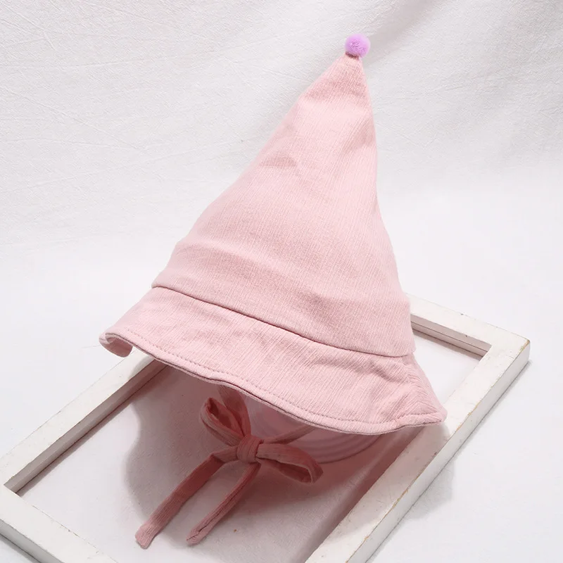 Детская шапка в рыбацком стиле, Весенняя Новинка, однотонная Корейская меховая шапка с помпоном, детская шапка с острым носком для мальчиков и девочек, не боится ветра и защищает от солнца, Панама - Цвет: Розовый