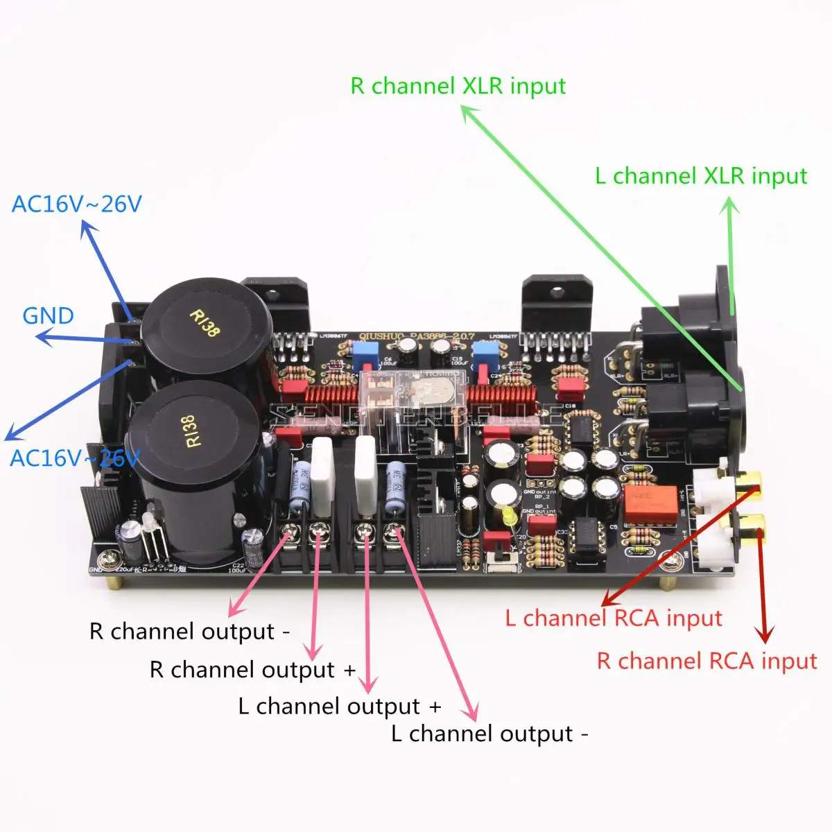 Сборка LM3886 Двухканальное питание усилитель плата односторонний сбалансированный XLR входной усилитель аудио Borad