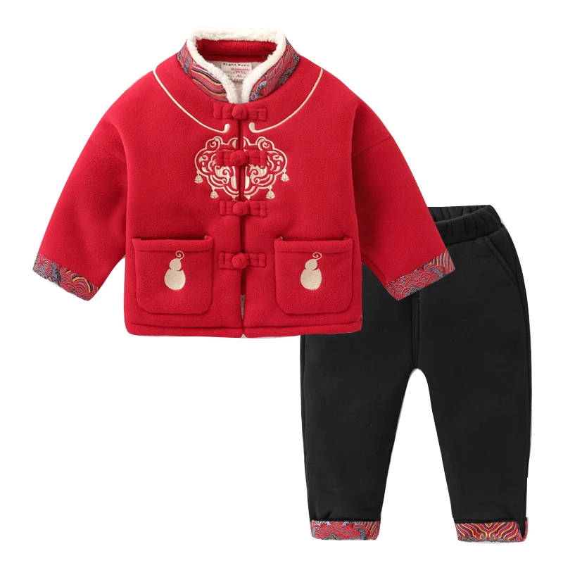

Boys' Chinese Style Tangzhuang Plush Coat Set Winter 2019 New Children's Cotton Warm Toddler Boy Clothes Set Christmas Clothes