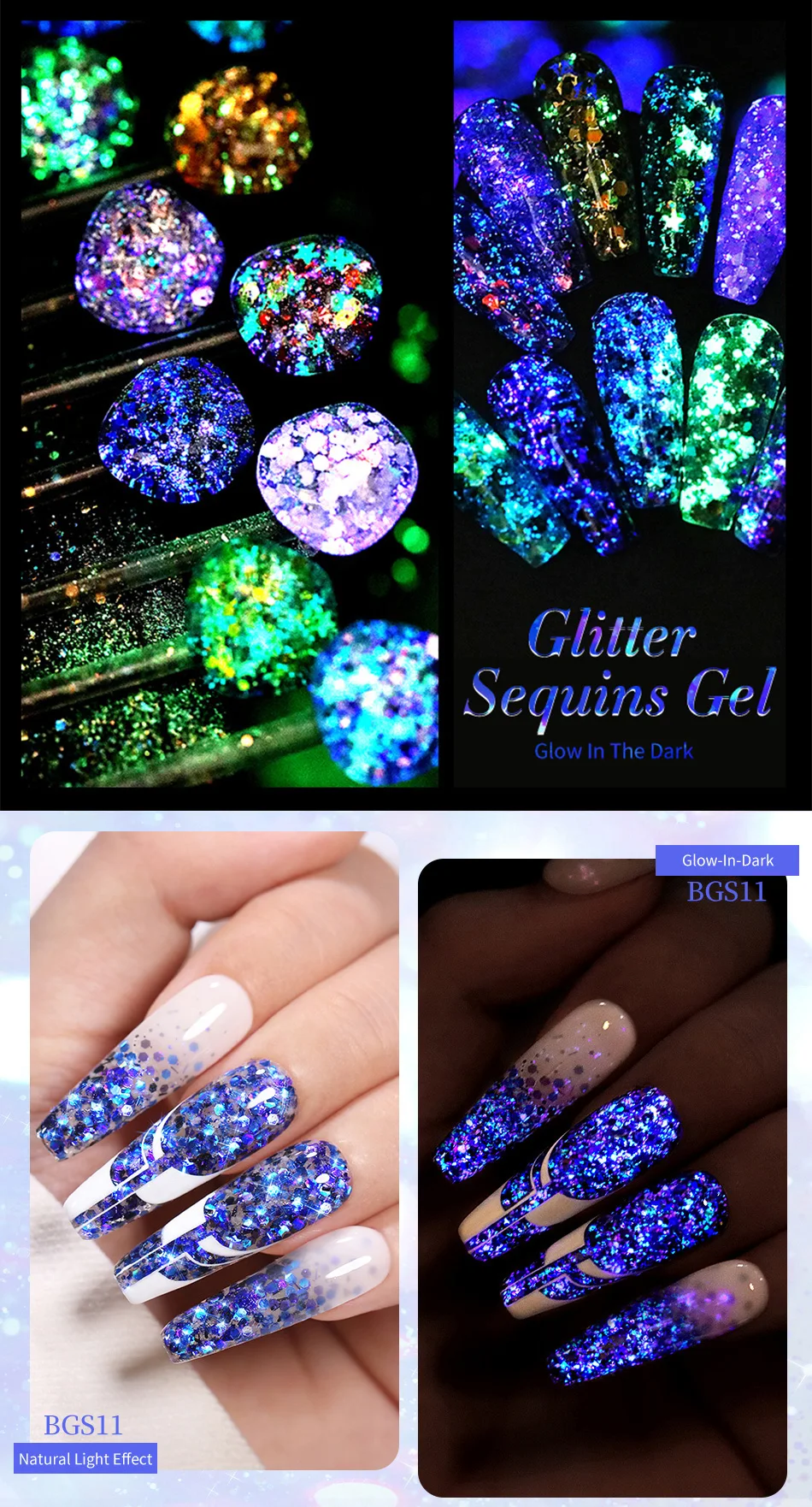 BORN PRETTY Glitter Sequins Gel Nail Polish Glow In The Dark Shining Soak Off Gel Polish Long Lasting Nail Art Hybrid Varnish