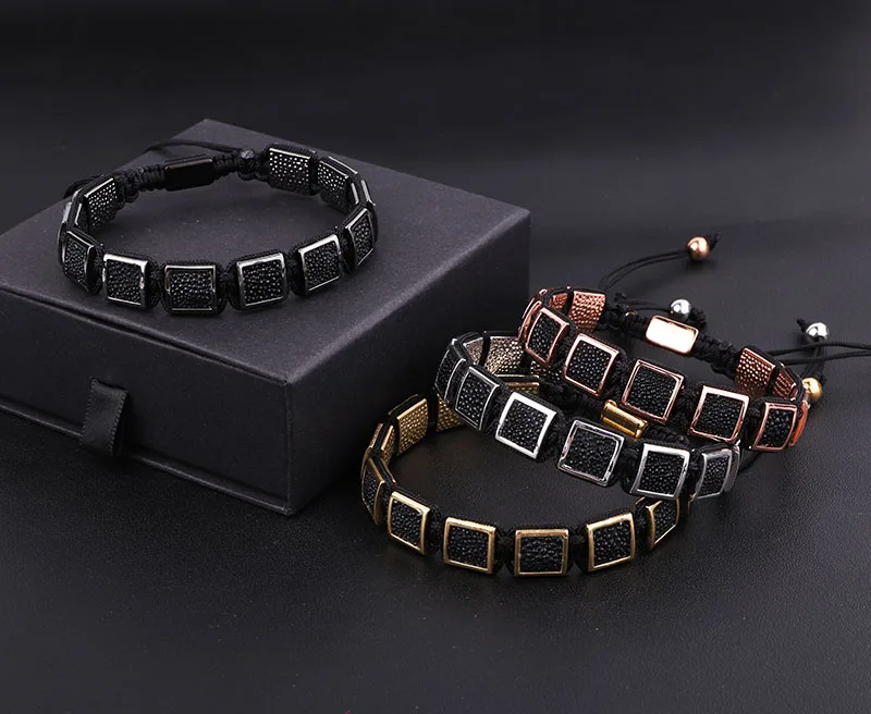High Quality Black Snake Skin Leather Square Charm Braided Friendship Macrame Adjustable Bracelet Men - Image 6