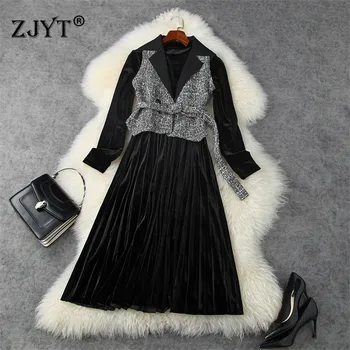 

2020 New Women Designers Fashion Autumn Winter Tweed Woolen Long Sleeve Velvet Dress Two Piece Vestidos