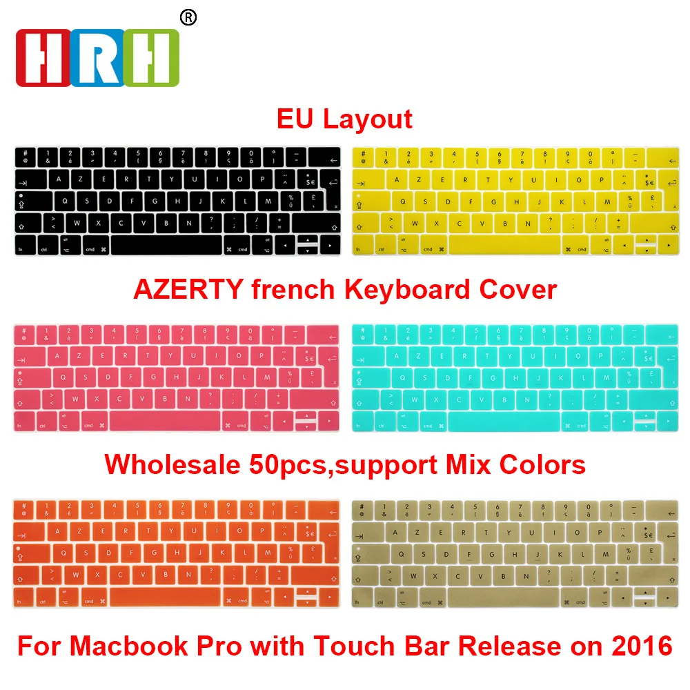 HRH 50 개 EU 프랑스어 AZERTY 실리콘 키보드 커버 스킨 맥북 프로 13 A1706 및 프로 15 A1707A2159 2018/2019 터치 바 포함