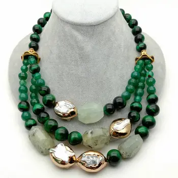 

19" 3 Strands Green Tiger Eye A1gate White Keshi Pearl Necklace