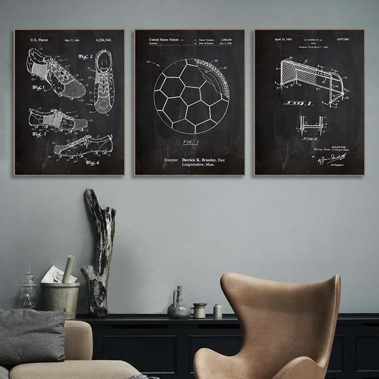 Retro Blackboard Football Patent Design Soccer Goal Sketch Living Room BOY'S Bedroom Hanging Painting Wall Art Canvas US | Дом и сад
