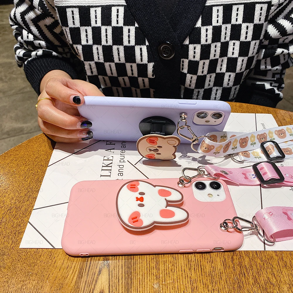 Cute Cartoon Holder Soft Phone Case for Huawei Y9A Y7A Y8P Y7P Y6P Y5P 2020 Y9 Y7 Y6 Y5 2019 2018 P Smart 2021 Z Pro Plus Strap huawei pu case