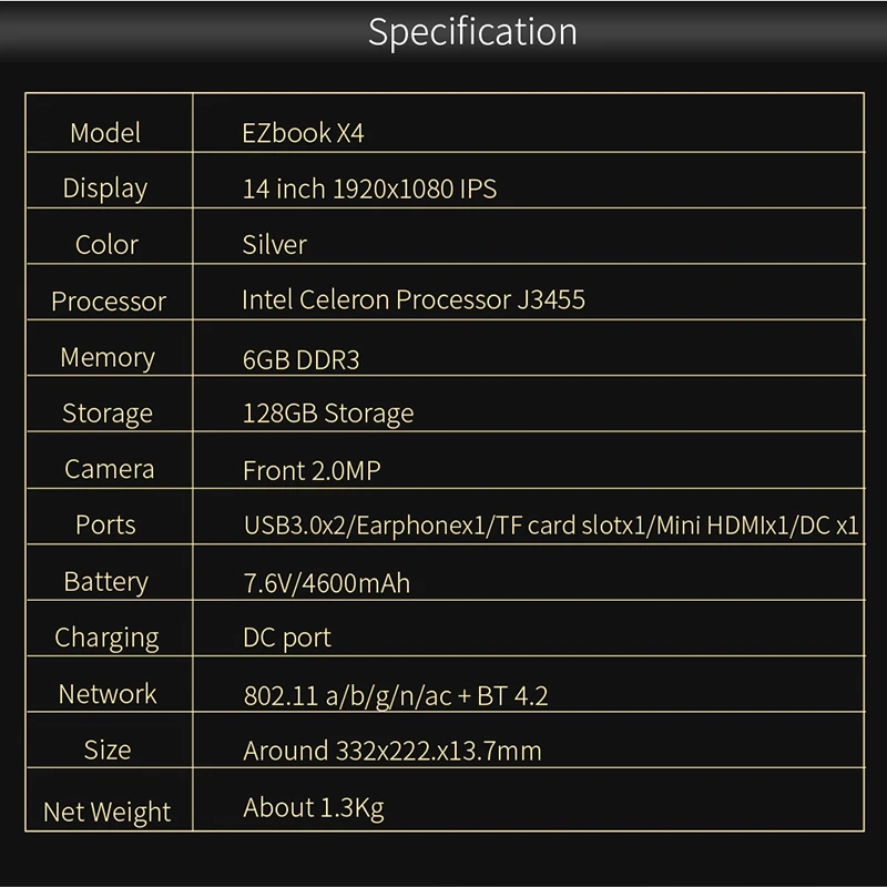 Jumper Ezbook X4 Laptop 14 Inch Bezel-Less Ips Ultrabook Intel Celeron J3455 6Gb Ram 128Gb Rom Notebook 2.4G/5G Wifi with Back