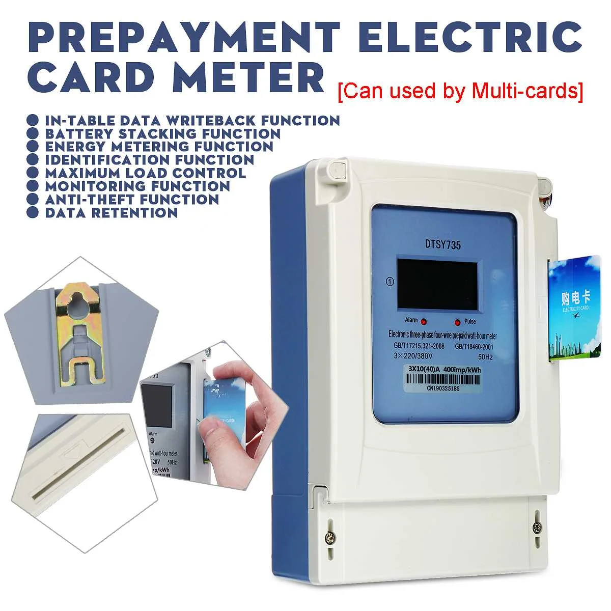 

3-phase 4-wire Energy Meter 3x 220/380V Prepayment Energy Electric Card Meter Multiple User LCD Backlight Digital Display