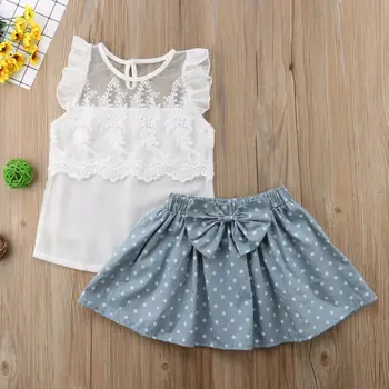 

Fashion Baby Girl Summer Sleeveless Lace Patchwork T-Shirt Tops+Bowknot Dot Printed Skirt Set Outfits Dress