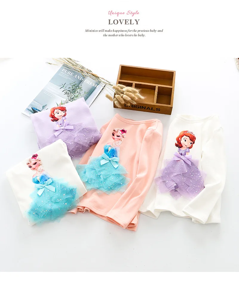 Fashion Long Sleeve T Shirt Cartoon 3D Lace Princess Shirts Elsa/sofia T Shirts Children Outfits Tops Basic Clothing