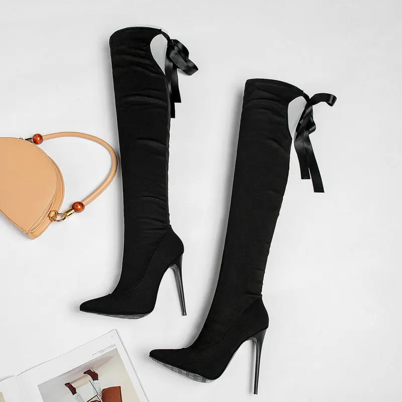 Модные женские ботфорты черного цвета на очень высоком каблуке высокие сапоги с острым носком на шнуровке женские ботинки Осень-Зима Большие размеры 34-43