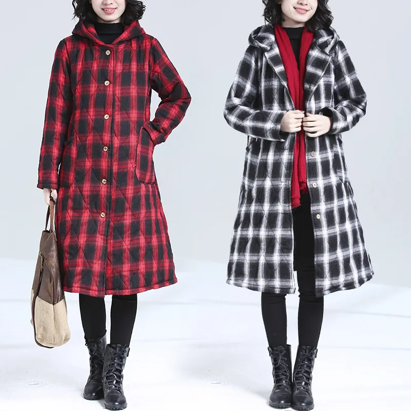 

Photo Shoot Large Size Dress Winter Style Loose-Fit Mid-length Cotton-padded Jacket Padded Thick Warm Hooded Plaid Cotton Overco