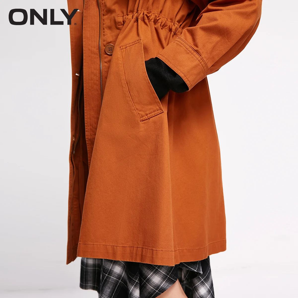 Goede Alleen Losse Capuchon Trekkoord Katoenen Lange Trenchcoat Windjack | 118336573